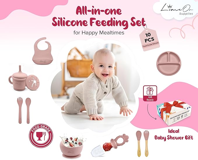 Silicone Baby Feeding Set, 10 Pcs Baby Led Weaning Supplies | BPA-Free Baby Dishes with Toddler Plates and Bowls Set, Silicone Bib, Suction Cup, Baby Spoons & Forks | Empower Independence ??Pink