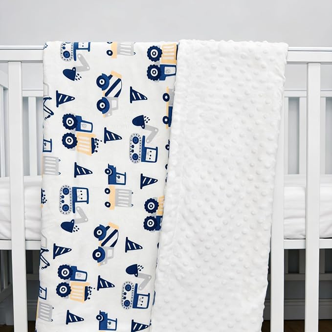 Construction Truck Minky Baby Blanket for Boys, 29.5'' x 39.3'' Soft Plush Receiving Blanket with Double Layer Dotted Backing for Newborn Nursery Crib Shower Gift