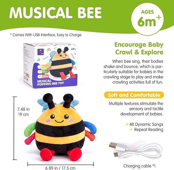 hahaland Baby Toy for 6 + 12 18 Months ??Crawling Musical Dancing Bouncing Learning Bee Plush, Interactive Tummy Time Toy for 1 2 3 Year Old Boys Girls Baby Easter Basket Stuffers