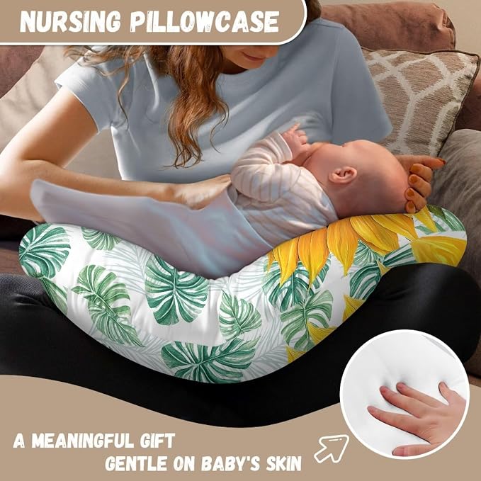 Sunflower Print Nursing Pillow Covers for Bebe Girls and Boys Breathable Nursing Pillow Slipcover Baby Pillow Cover Feeding Position Support White (Cover Only)