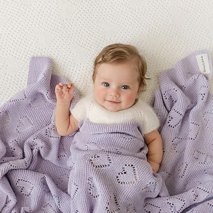 Heirloom Heart Knit Baby Blanket for Girls 100% Cotton Knit Swaddling Baby Blanket - Soft Warm Cozy Swaddle Receiving Cuddle Stroller Blanket for Newborns, Infants, & Toddlers (Lavender)