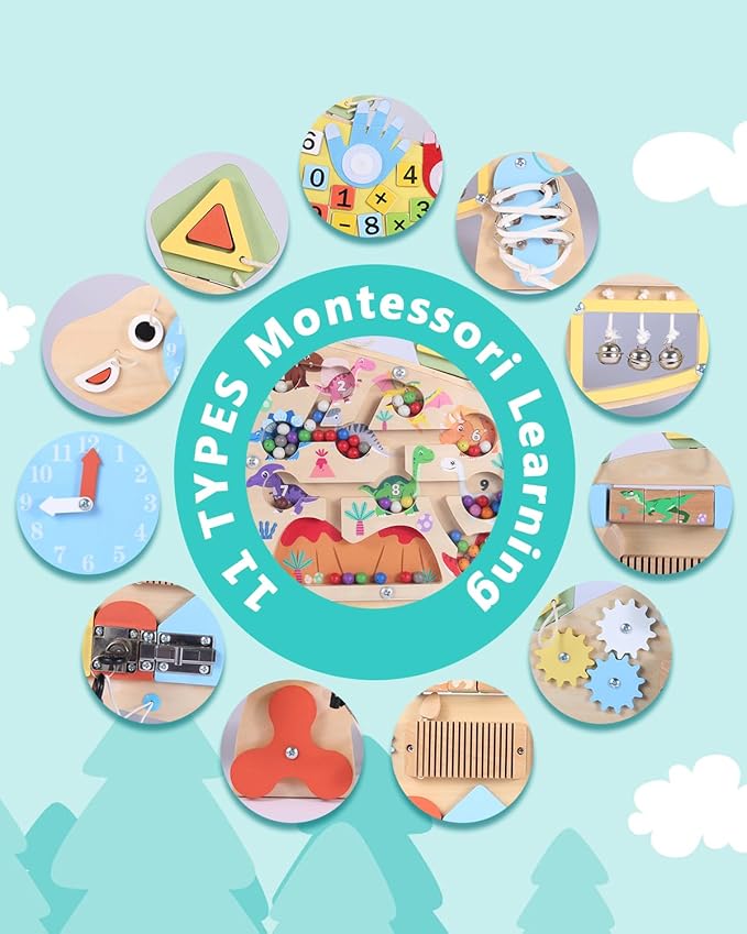 Dinosaur Activity Wall Busy Board - 11-in-1 Foldable Wooden Montessori Sensory Panel for Kids 3-7, Wall Mounted Toddler Learning Activity Center for Playroom Classroom Daycare, Autism Sensory Toy