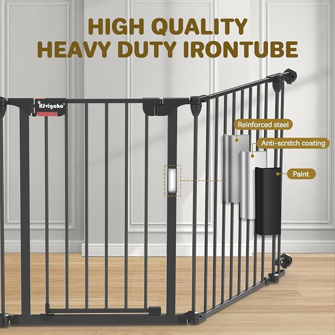 Kfvigoho Baby Gate 27.5"-129" Extra-Wide Playpen, Play Yard Child Safety Fence, Dog Gate with Auto-Close Door, Double Locking System for Fireplace, Foldable 5 Steel Panels, Black