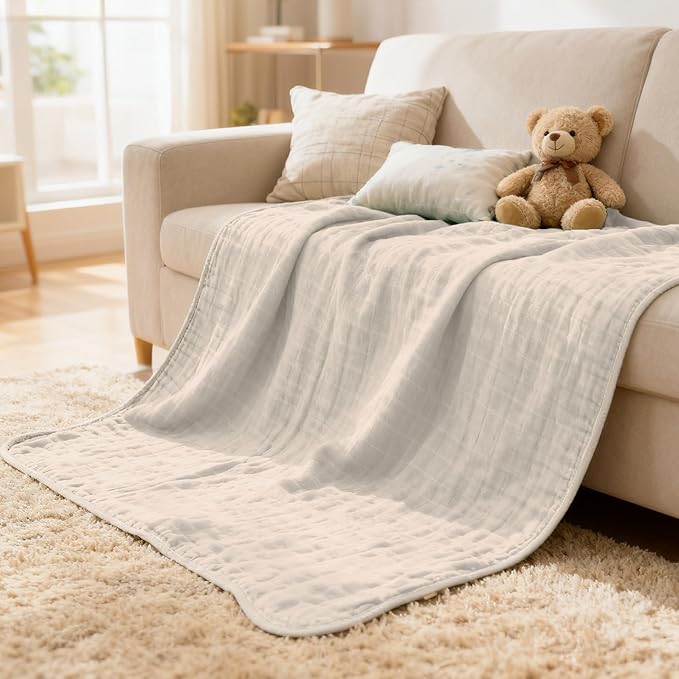 ZPECC Muslin Toddler Blanket Thicker, 47x47 Organic Cotton Kids Quilt Hypoallergenic for Baby Essentials Crib Stroller Daycare Cot, Beige
