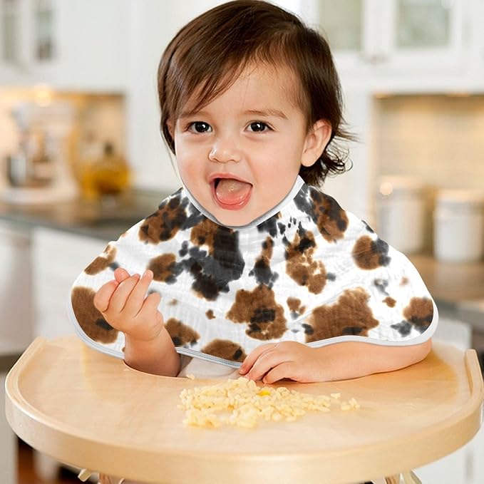 Muslin Burp Cloths for Baby Boys and Girls - 4-Pack Ultra Absorbent Black and Brown Cow Print Muslin Washcloths, Newborn Towel, Milk Spit Up Rags, Burp Cloth Bib for Unisex, 22 x 11 Inch