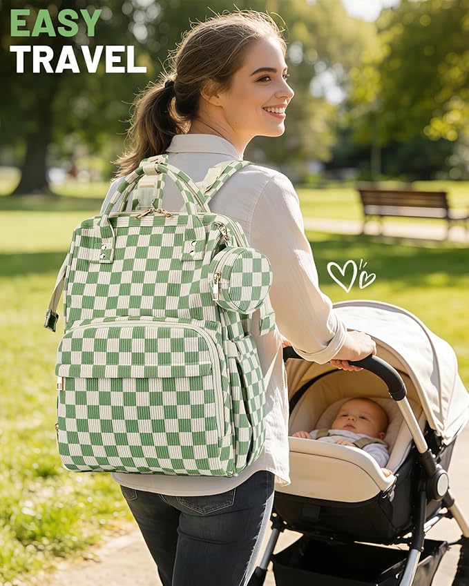 Corduroy Diaper Bag Backpack, Large Capacity Multifunction Baby Diaper Bags for Women, Insulated Bottle Pockets & Pacifier Case, Stylish Travel Nappy Changing Bags for Mom Dad (Checkered Green)