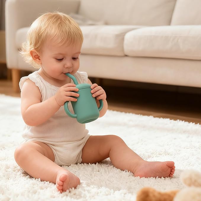 2 Pack 100% Silicone Baby Sippy Cups Tiny Silicone Drinking Training Cup with Handles & Straw for Baby and Toddler (grey,green)