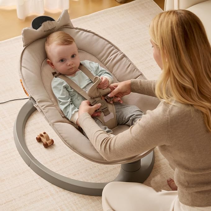 Momcozy 2-in-1 Electric Baby Swing, Dual-Arm Support System & Parent-Inspired Motions, Convertible to Toddler Seat up to 66 lbs, Adjustable Height, Lightweight, Khaki