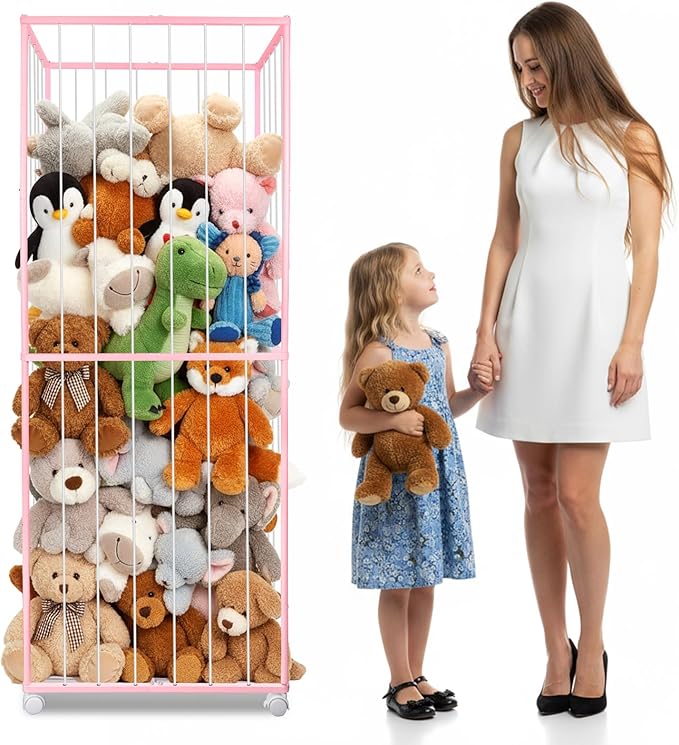 Stuffed Animal Storage, Metal Tube Extra Large Toy Storage Organizer with Brake Wheels, Stuffed Animal Holder Zoo Organizer for Nursery Playroom Kids Room Pink(61??x 23.6?�x 16.5??