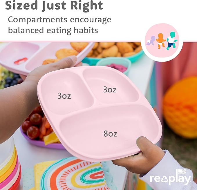 Re-Play Toddler Plates with Dividers - Deep-Walled 3 Compartments Divided Plates for Kids with 3 Lids - Dishwasher & Microwave Safe - Made in USA - Set of 3-7.37" x 7.37" x 1.25" - Princess