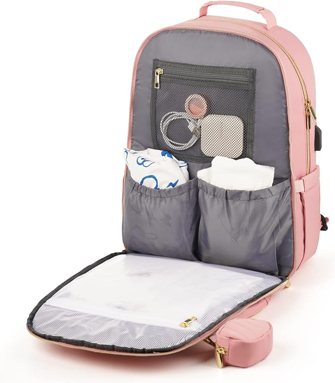 MOMUVO Diaper Bag Backpack, Quilted Baby Bag with Changing Pad & Stroller Straps & Pacifier Case, Large Travel Diaper Bags for Mom Dad, Pink