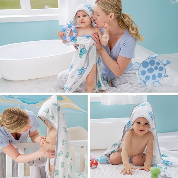 Momcozy Baby Towel with Hooded-Original Design Baby Towel Set -Soft & Absorbent- Shower Gifts or Bath Essential for Infant, Newborn, Toddler, Marine Sea Turtle Shells Magic