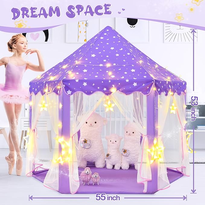 Princess Tent with Large Star Lights for Girls Age 4-7, Kids Play Tent for Indoor, Castle Playhouse for Toddlers, Purple Princess Toy 55x53 inch