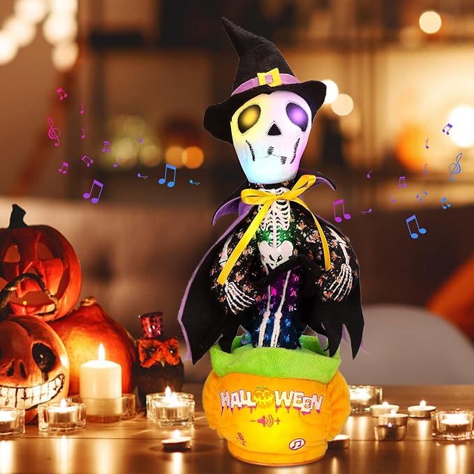 Emoin Halloween Skeleton Dancing Cactus Mimicking Toy, Talking Skull Cactus Toy Repeats What You Say,Singing Glowing Halloween Indoor&Outdoor Decorations