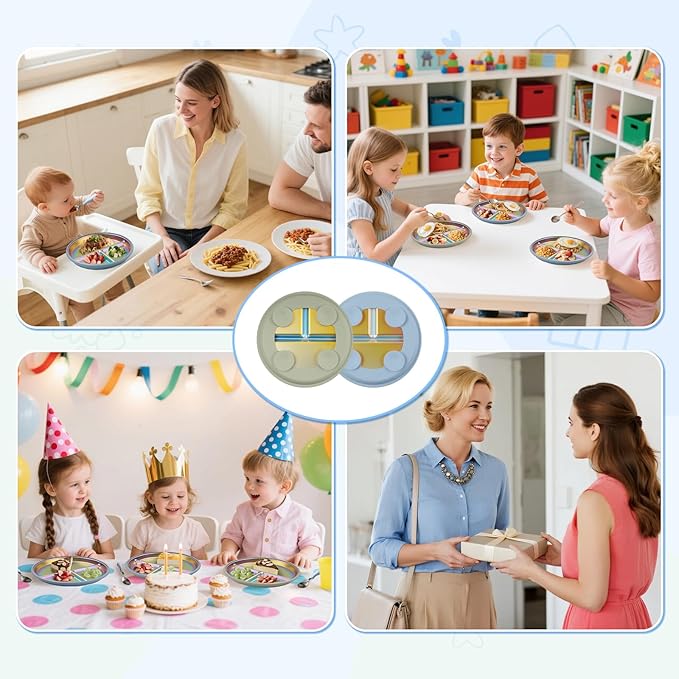Goldusk Stainless Steel Baby Plates with Suction, 2pcs 9" Rainbow Kids Plates BPA-Free with Removable Food-Grade Silicone Base Baby Dishes Toddler Plates with Dividers, Blue & Green