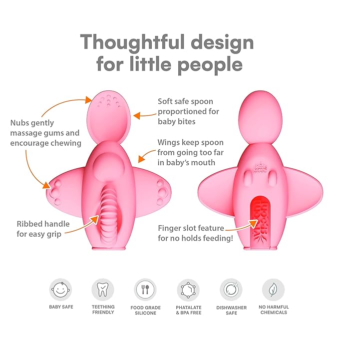 Vroom Spoon - 100% Silicone Soft Training Spoon for Spoon Feeding, Self-Feeding and Baby Led Weaning, Ergonomic Grip with Finger Slot for Easy Fun Feeding (Blue) (1 Spoon, Pink)