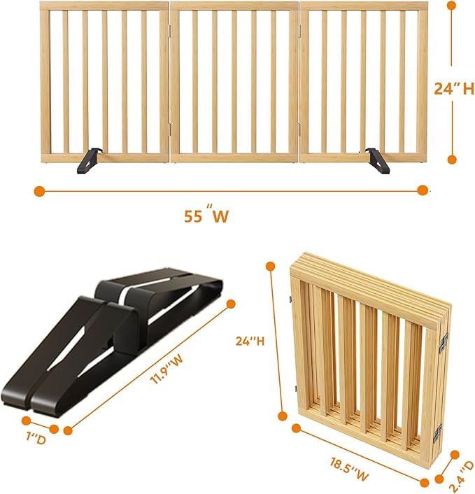 Dog Gates for Doorways Stairs, Foldable Freestanding Pet Gate, Dog Fences Indoor, Bamboo Dog Gates (Natural, 18-55" Wide)