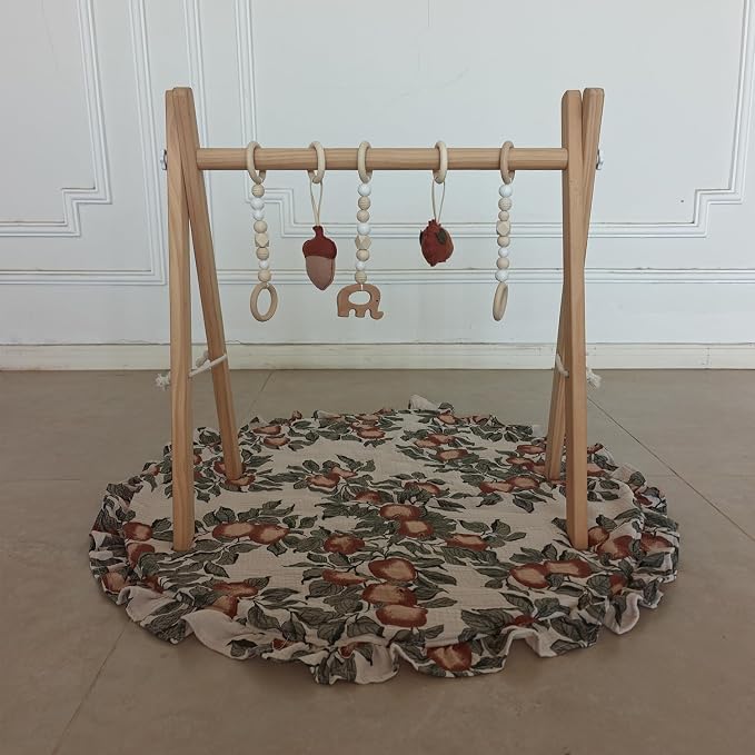 Wooden Baby Play Gym with Apple & Leaf Print Play Mat, Baby Gym with 5 Sensory Toys, Foldable Baby Activity Center Play Gym Frame for Newborn Infant Shower Gift