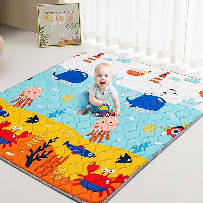 Baby Play Mat - Thicken 71x59 Inch Soft Foam Crawling Mat for Playpen & Floor, Non-Slip Waterproof Playmats for Infants & Toddlers, Portable Foldable & Machine Washable, Ocean World