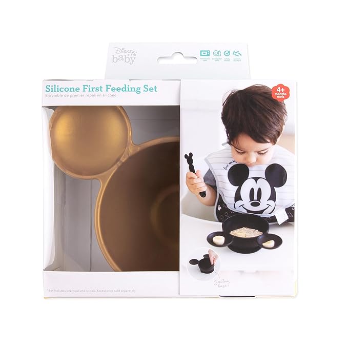 Bumkins Disney Baby Bowl, Silicone Feeding Set with Suction for Baby and Toddler, Includes Spoon, First Feeding Set, Essentials for Baby Led Weaning for Babies Eating 4 Months Up, Minnie Mouse Gold