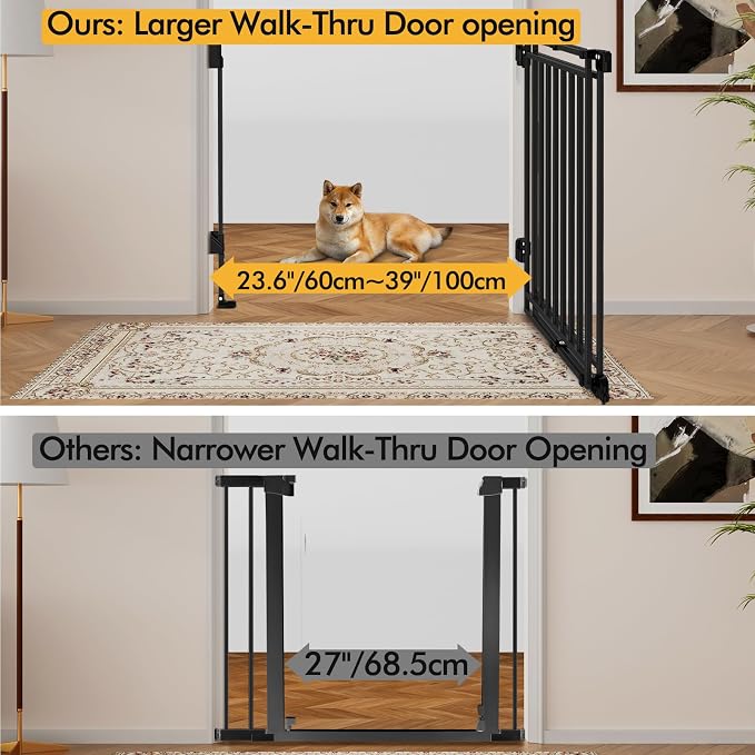 Extra Tall Baby Gate for Stairs and Doorways, 26-43” W x 39” H(Must Drill to Install), One-Hand Operation, Auto-Close Feature, No Bottom Threshold, for Babies and Pets, Black