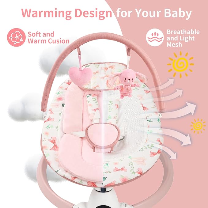 Baby Swing for Infants with 5 Swing Speeds, Portable Electric Baby Swing with Bluetooth, Touch Panel, 5-Point Harness, Indoor & Outdoor Use, Pink