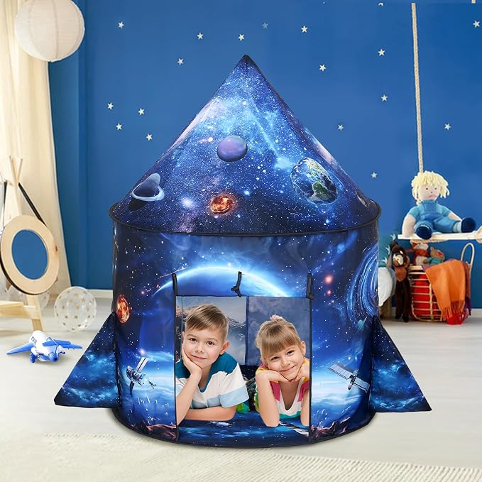 Rocket Ship Play Tent Kids Play Tents Cute Space Tent Indoor Outdoor Spaceship with Wing (Galaxy)