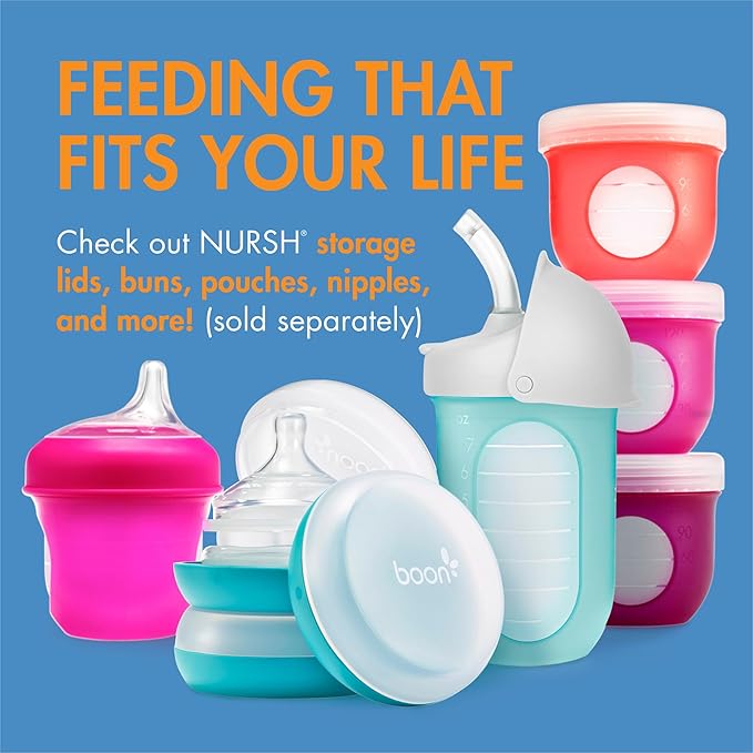 Boon Nursh Reusable Silicone Pouch Baby Bottles - Slow Flow Nipple - Silicone Baby Bottle Pouch and Nipple - Baby Feeding Essentials - Color Block - 0-3 Months - 3 Count - 4 Ounce