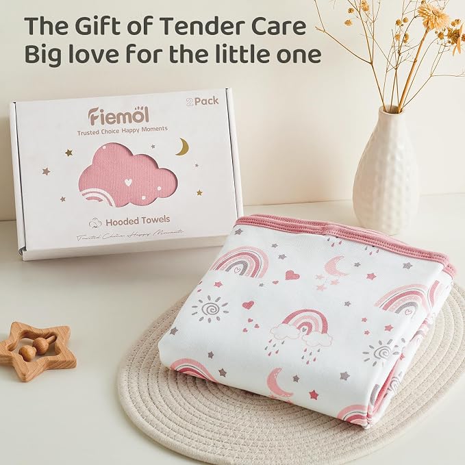 Hooded Baby Towels for Newborn,100% Cotton Baby Bath Towels with Hood for Infant Toddler Girl, 2 Pack 32x32 Inch Soft & Absorbent Knit Terry Bath Essentials Pink Rainbow