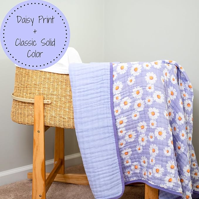 LollyBanks Muslin Baby Blanket, 100% Cotton Muslin Quilt for Girls, 47 x 47 Inches Toddler Blanket, Cozy 6 Layers Baby Blanket, Soft and Breathable Baby Quilt, Baby Essentials, Registry (Daisy Print)