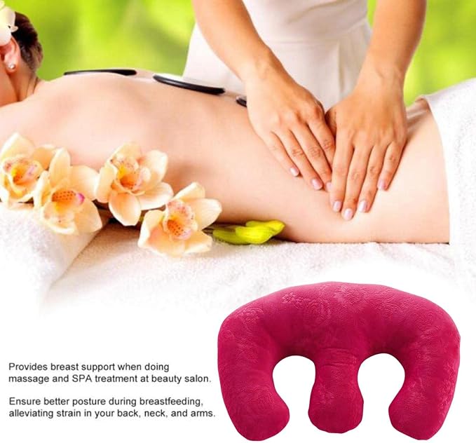 Chest Pillow Breast Support Velvet Cotton Massage Cushion Detachable Pad Comfortable Bolster Suitable for Salon Home Travel Breastfeeding Sleep, Rose Red, 16.9x11 inch