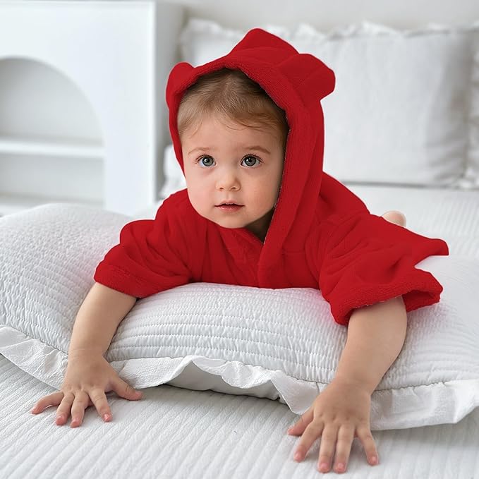 VOOVA & MOVAS Baby Hooded Towel with Bear Ear, 0-24Months | 100% Cotton, Ultra-Soft & Absorbent | Gentle for Sensitive Skin, Bath, Pool & Beach Towel | Newborn (Red)