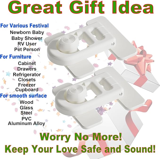 Child Safety Refrigerator Lock, No Drill Adhesive 180° Swivel 2PK | 90° Twist One-hand, fits French Freezer, Cabinet, Drawer. Renter friendly. Babyproof, Toddler & Petproof 2-pack for RV Camper