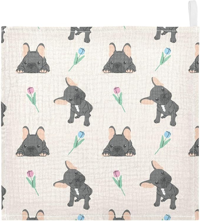 vvfelixl Baby Cotton Washcloths Black French Bulldog Infants Bath Towel for Unisex Face Towels for Newborn, Natural Baby Wipes Delicate Skin, 11.8 X 11.8 inch, one sizex5