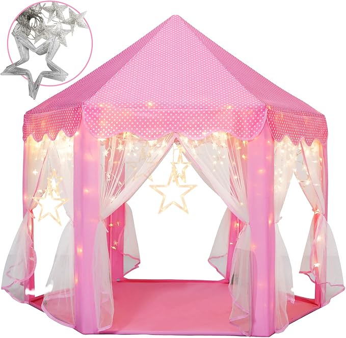 Princess Tent for Girls with Big Star Lights, Kids Playhouse Castle Play Tent, Birthday Girl Gift, Indoor Princess Game (Pink, Big Star Lights)