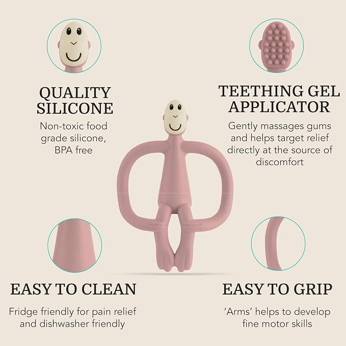 Matchstick Monkey Original Teether & Gel Applicator – Silicone Baby Teether, Easy-to-Grip, BPA-Free, Supports Self-Soothing & Early Brushing, 3 Months+, 4 Inches, Duty Pink