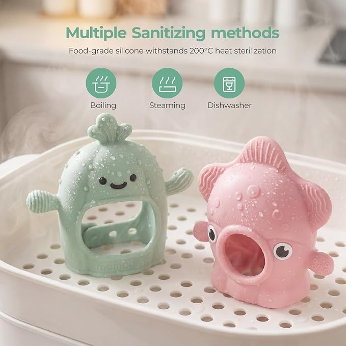 Momcozy Baby Teething Toys, Food Grade Silicone Baby Teether,Teething Mitten for Babies 0–6 Months,Teethers for Babies 6–12 Months,Anti Drop Wrist Teether, 200°C Heat-Resistant,Soft Pink