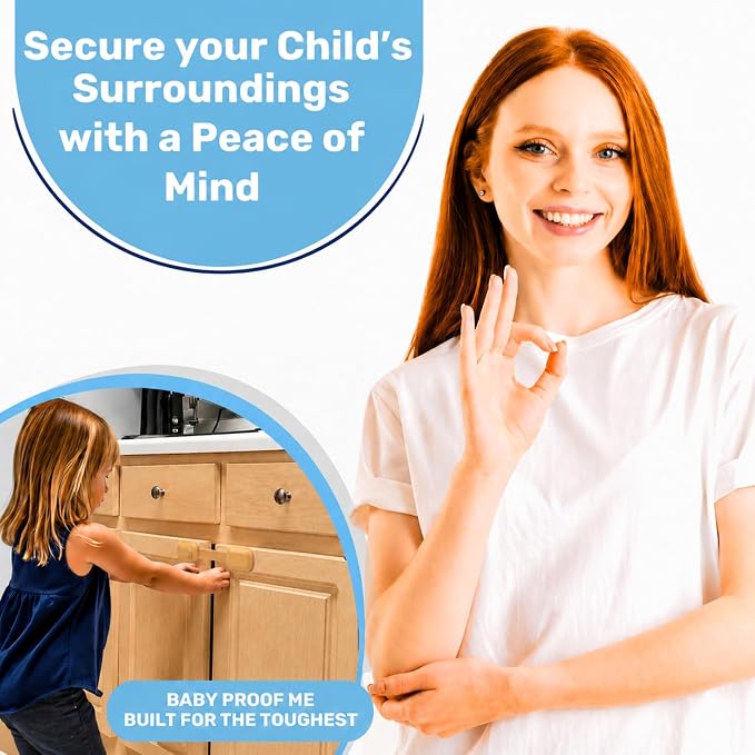 3M Adhesive Child Safety Strap Locks by Baby Proof Me, Baby Latches for Cabinets, Dishwashers, Fridges, Ovens and Trash Cans, Stain Free Toilet Lock (Oak, 6 Safety Latches)
