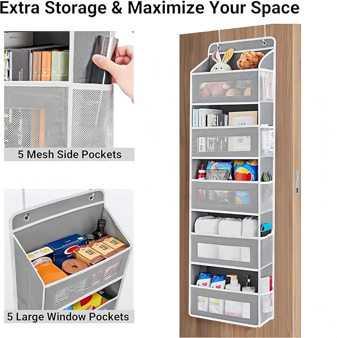 2 Pcs Heavy Duty Over The Door Closet Organizer, 5-Shelf Hanging Storage Closet Door Organizer with 5 Large Capacity Pockets Storage Organizer for Bedroom,Bathroom and Baby Nursery Storage