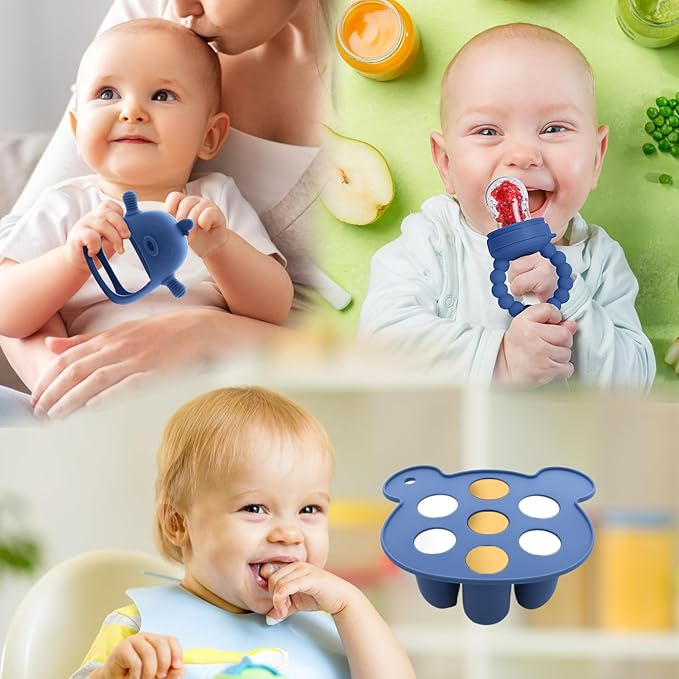 3-in-1 Baby Food & Fruit Feeder Set ??Breastmilk Popsicle Mold with Freezer Tray, Teething Relief Toy, BPA Free Infant Silicone Feeding Combo, 3 Bonus Sizes (S/M/L) Sacs (Steel Blue)