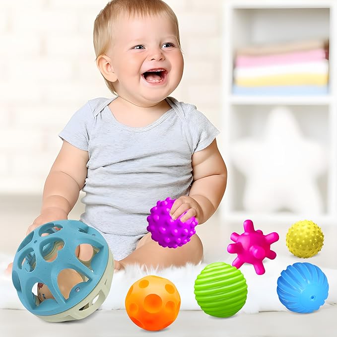 Sensory Toys for Babies, Montessori Textured Baby Balls and Wheat Straw Rattle, Baby Toys for 6-12 Months, Ideal Newborn Gifts for Boys and Girls, Toddler Toys for 1-3