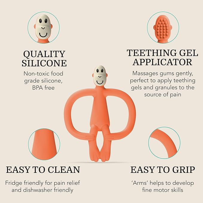 Matchstick Monkey Silicone Teether & Gel Applicator ??Silicone Baby Teether, Easy-to-Grip, BPA-Free, Supports Self-Soothing & Early Brushing, 3 Months+, 4 Inches, Orange