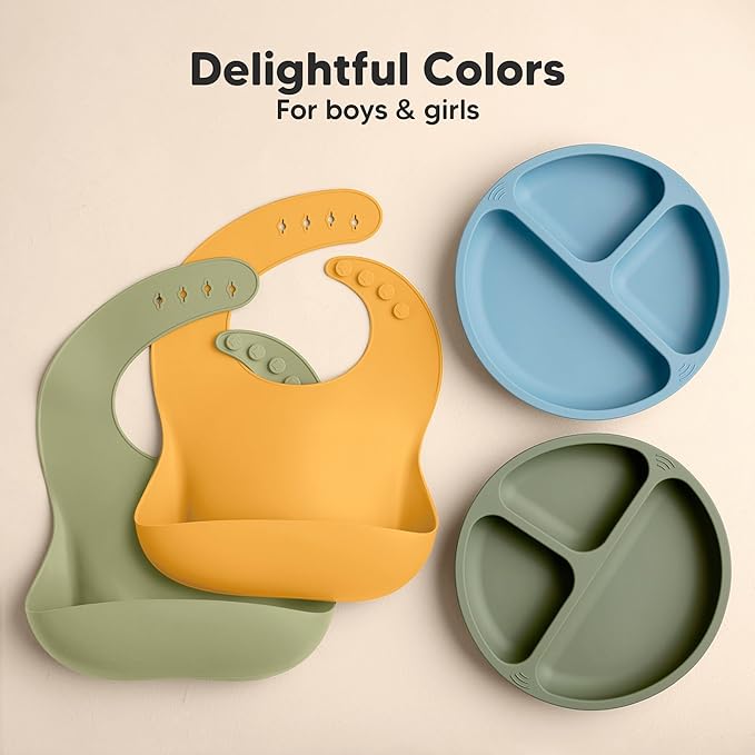 KeaBabies 2-Pack Silicone Bibs for Babies, Toddlers Girl, Boy ??Sturdy Food-Grade Baby Bibs for Eating, Large Food Catcher, Clean & Put On Easily, Waterproof Toddler Feeding Essentials (Forest)