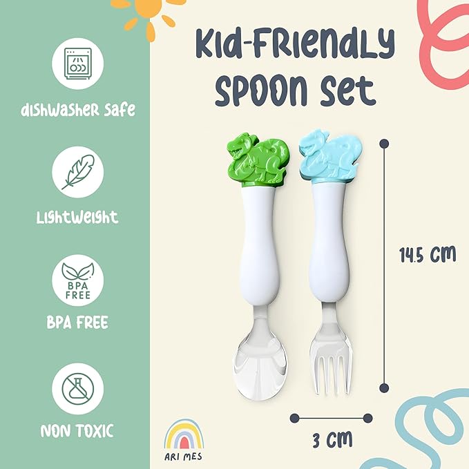 ARI MES - Dinosaur Fork and Spoon Set for Kids, Dinosaur Kids Spoon and Fork Set - Dino Spoons for Toddlers, Dinosaur Utensils for Children, Dinosaur Utensils for Toddlers, Children's Silverware