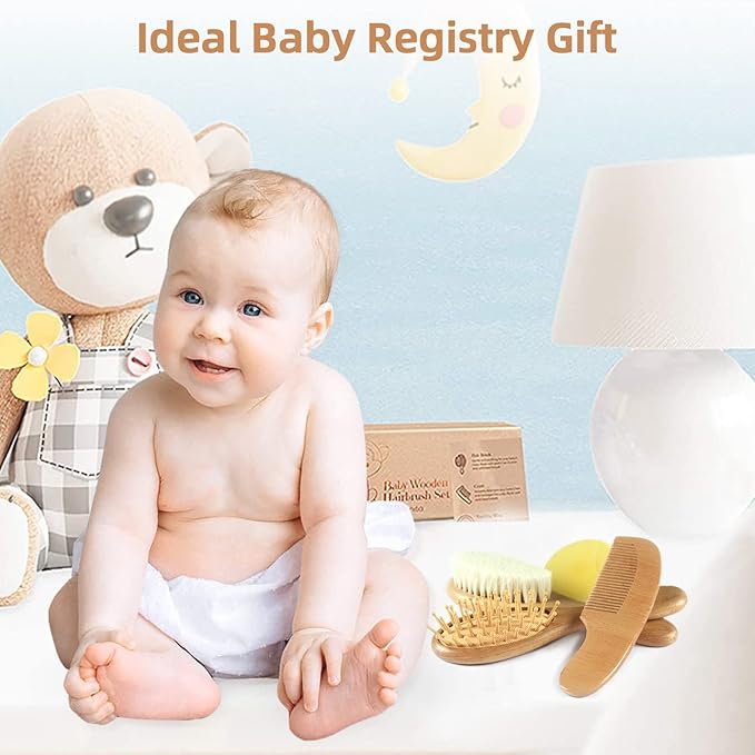 Elfzone Baby Brush and Comb Set - 4Pcs Wooden Baby Hair Brush,Baby Brush Set,Baby Airbag Brush, Beech Handle Brush, and Prevent Cradle Cap Silicone Brush - Ideal Registry Gift