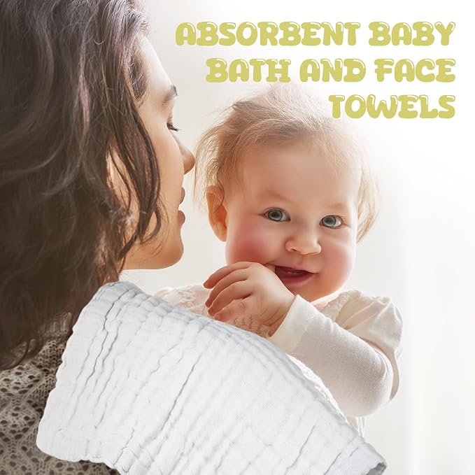 Chumia 30 Pcs Baby Muslin Washcloths Muslin Burp Cloths Baby Towel Natural Cotton Burp Cloths Wipes Soft Newborn Face Towel Absorbent for Face Bath Shower, 12 x 12'' (White)