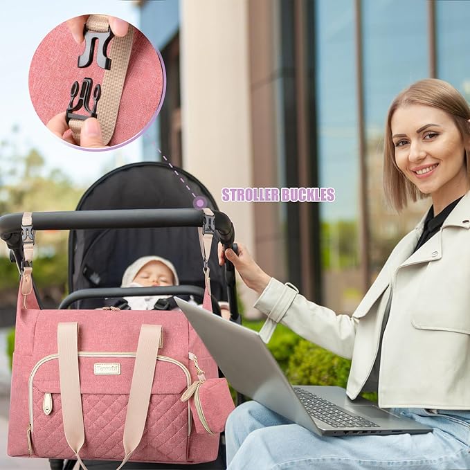 Tuwubi Diaper Bag Tote,Baby Diaper Bag with Pacifier Case Large Travel Diaper Tote Caddy for Mom and Dad Multifunction Large Baby Bag - M-Pink