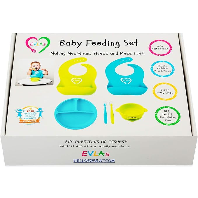 EVLA'S Baby Feeding Set, Baby Led Weaning Supplies, Adjustable Silicone Bibs, Divided Plate, Suction Bowl with Lid, Soft Spoons for Babies or Toddlers, Baby Registry must have!(Blue and Green)