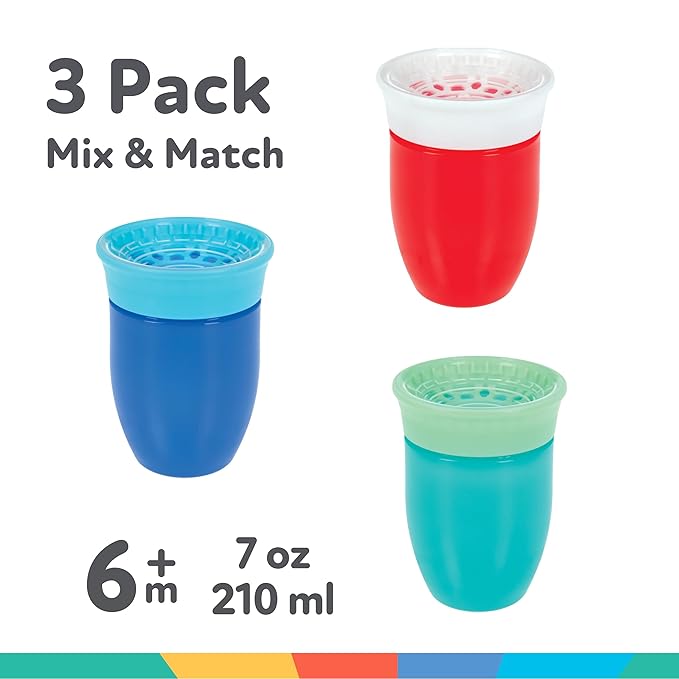 Nuby Wonder Cup - Spill-Proof Toddler Sippy Cups - (3 Pack) 7 oz - Sip from All Sides - Leak Resistant - Spoutless Transition Cup - Green/Red/Blue
