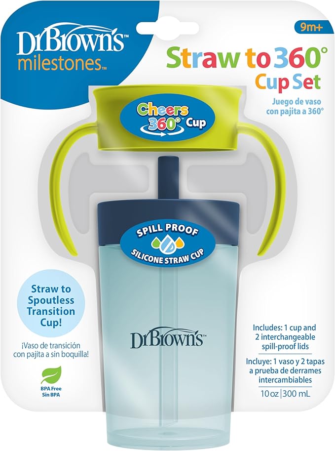 Dr. Brown's Milestones Straw to 360 Convertible Toddler Training Cup Set with Interchangeable Silicone Straw and 360 Degree Cup Lids, Blue Green, 10 oz/300 mL, BPA-Free, 9m+, 2-Pack